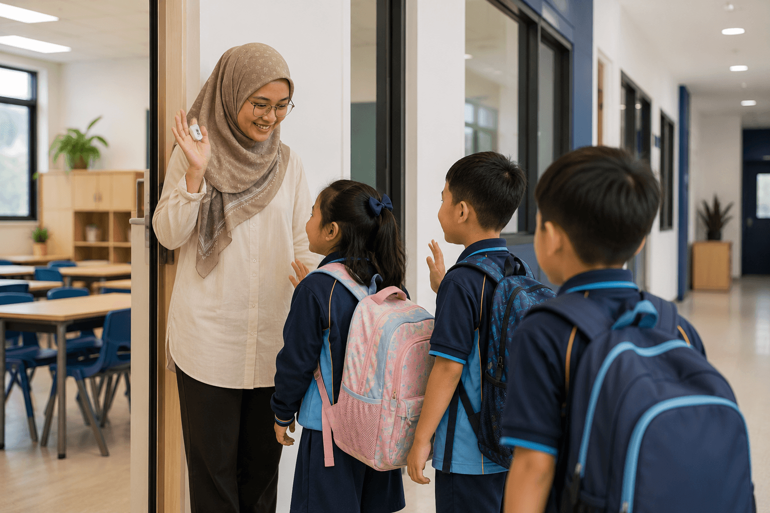 A Nova Skye teacher welcoming learners at the classroom door